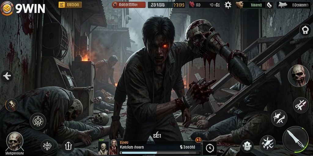 Screenshot utama 9WIN menampilkan karakter dalam suasana Horror yang mencekam.
