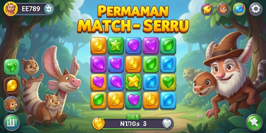 Tangkapan layar EE789 menunjukkan gameplay Match-3 yang menarik dan penuh warna.
