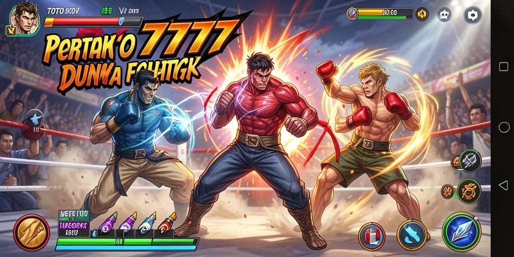 Screenshot gameplay TOTO777 menampilkan pertarungan intens dengan karakter kuat.